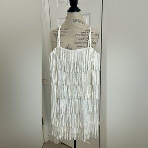 Miami for Francesca’s white tiered faux suede fringed dress